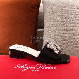 Roger Vivier Leather Diamond Thick High Heeled Slippers For Women Black