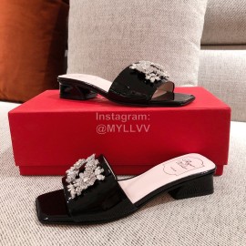 Roger Vivier Leather Diamond Thick High Heeled Slippers For Women Black