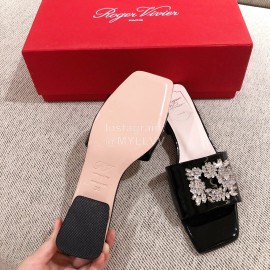 Roger Vivier Leather Diamond Thick High Heeled Slippers For Women Black
