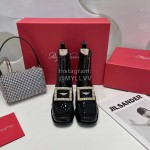 Roger Vivier Patent Leather Diamond Buckle Short Chelsea Boots For Women Black