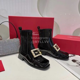 Roger Vivier Patent Leather Diamond Buckle Short Chelsea Boots For Women Black