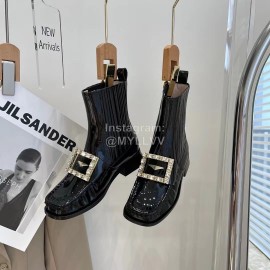 Roger Vivier Patent Leather Diamond Buckle Short Chelsea Boots For Women Black