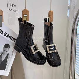 Roger Vivier Patent Leather Diamond Buckle Short Chelsea Boots For Women Black