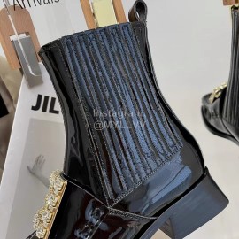 Roger Vivier Patent Leather Diamond Buckle Short Chelsea Boots For Women Black