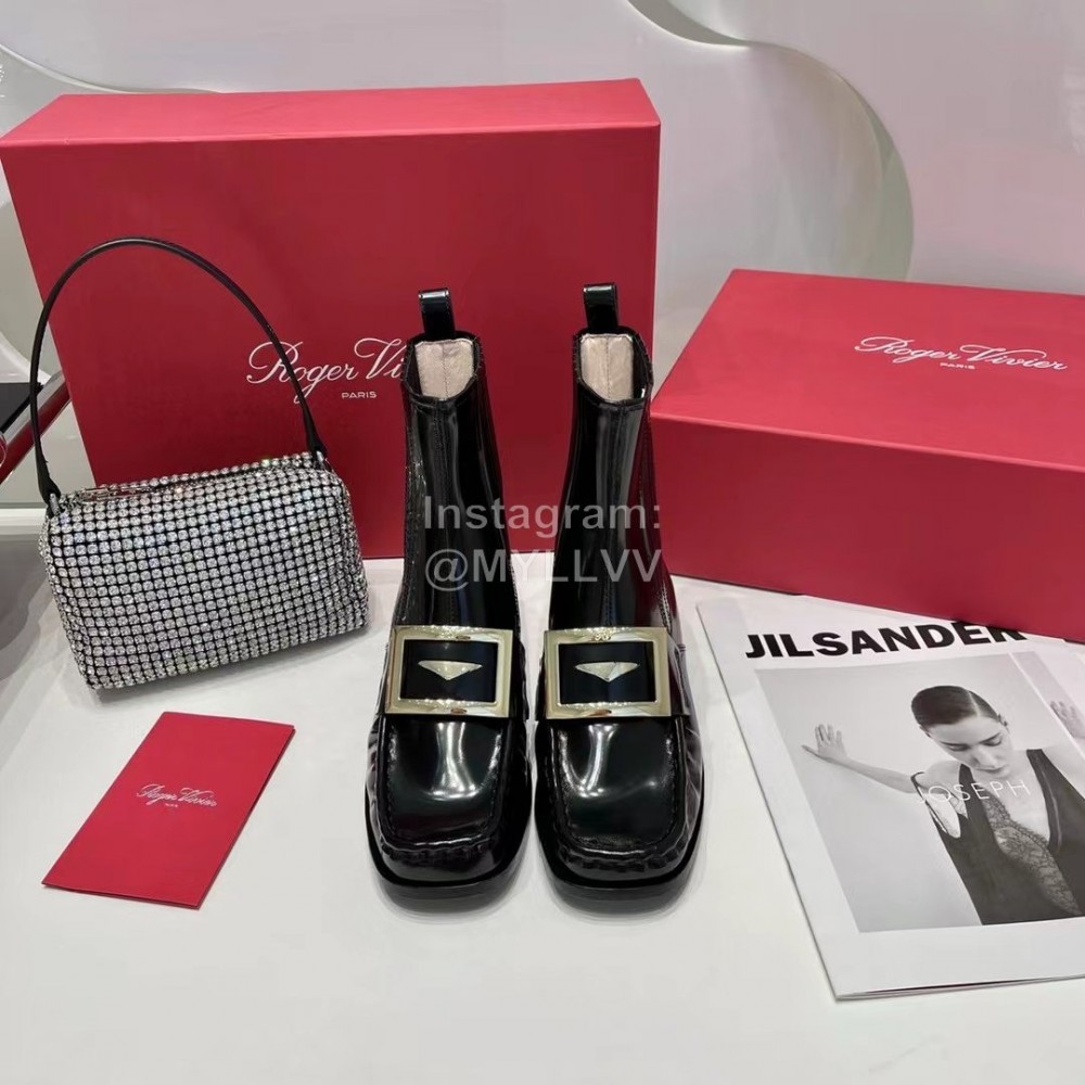 Roger Vivier Black Patent Leather Square Buckle Short Chelsea Boots For Women 