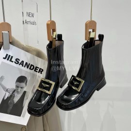 Roger Vivier Black Patent Leather Square Buckle Short Chelsea Boots For Women 