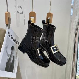 Roger Vivier Black Patent Leather Square Buckle Short Chelsea Boots For Women 