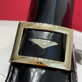 Roger Vivier Black Patent Leather Square Buckle Short Chelsea Boots For Women 