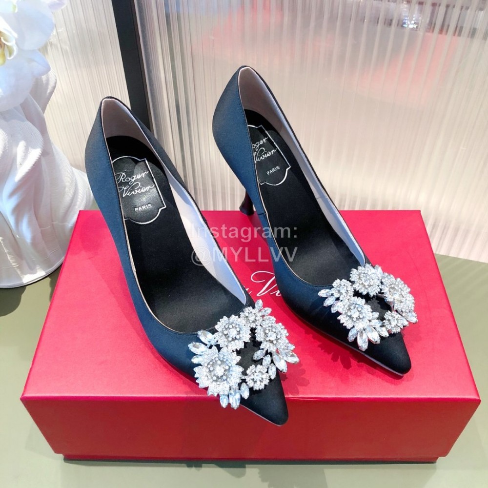 Roger Vivier Flower Diamond Buckle Silk Leather High Heels For Women Navy