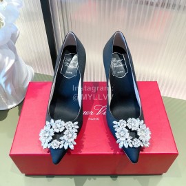 Roger Vivier Flower Diamond Buckle Silk Leather High Heels For Women Navy