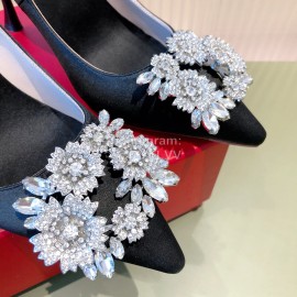 Roger Vivier Flower Diamond Buckle Silk Leather High Heels For Women Navy