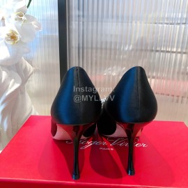 Roger Vivier Flower Diamond Buckle Silk Leather High Heels For Women Navy