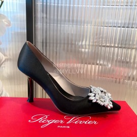 Roger Vivier Flower Diamond Buckle Silk Leather High Heels For Women Navy