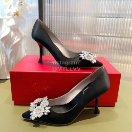 Roger Vivier Flower Diamond Buckle Silk Leather High Heels For Women Navy