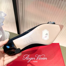 Roger Vivier Flower Diamond Buckle Silk Leather High Heels For Women Navy