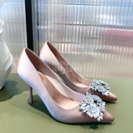 Roger Vivier Flower Diamond Buckle Silk Leather High Heels For Women Pink