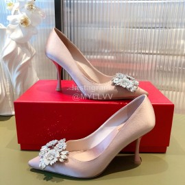 Roger Vivier Flower Diamond Buckle Silk Leather High Heels For Women Pink