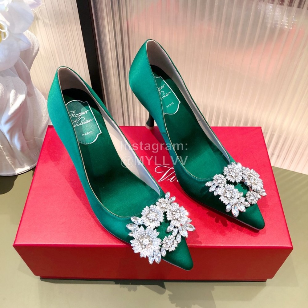Roger Vivier Flower Diamond Buckle Silk Leather High Heels For Women Green