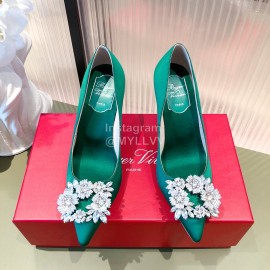 Roger Vivier Flower Diamond Buckle Silk Leather High Heels For Women Green
