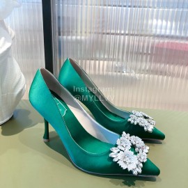 Roger Vivier Flower Diamond Buckle Silk Leather High Heels For Women Green