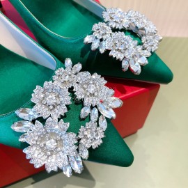 Roger Vivier Flower Diamond Buckle Silk Leather High Heels For Women Green