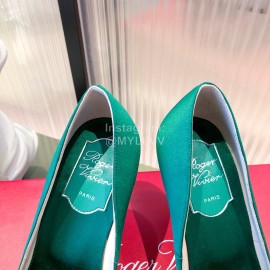 Roger Vivier Flower Diamond Buckle Silk Leather High Heels For Women Green