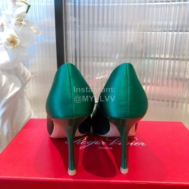 Roger Vivier Flower Diamond Buckle Silk Leather High Heels For Women Green