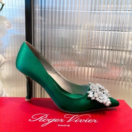 Roger Vivier Flower Diamond Buckle Silk Leather High Heels For Women Green
