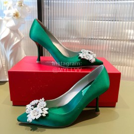 Roger Vivier Flower Diamond Buckle Silk Leather High Heels For Women Green