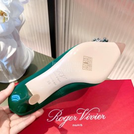 Roger Vivier Flower Diamond Buckle Silk Leather High Heels For Women Green