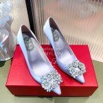 Roger Vivier Flower Diamond Buckle Silk Leather High Heels For Women White