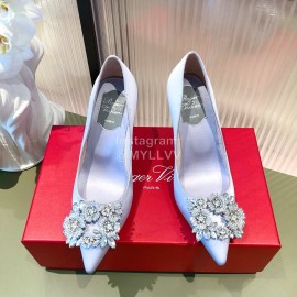 Roger Vivier Flower Diamond Buckle Silk Leather High Heels For Women White
