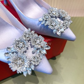 Roger Vivier Flower Diamond Buckle Silk Leather High Heels For Women White