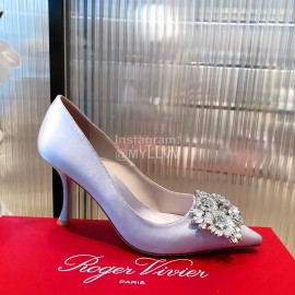 Roger Vivier Flower Diamond Buckle Silk Leather High Heels For Women White
