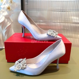 Roger Vivier Flower Diamond Buckle Silk Leather High Heels For Women White