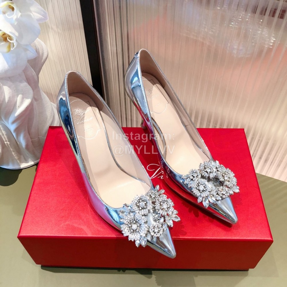 Roger Vivier Flower Diamond Buckle Leather High Heels For Women Silver