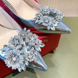 Roger Vivier Flower Diamond Buckle Leather High Heels For Women Silver