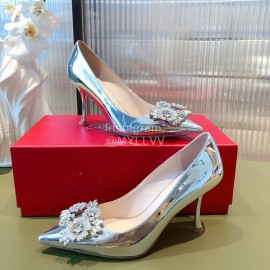 Roger Vivier Flower Diamond Buckle Leather High Heels For Women Silver
