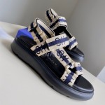 Stuart Weitzman Summer Sheepskin Embroidered Sandals For Women Dark Blue