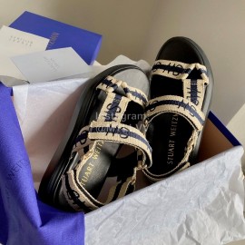 Stuart Weitzman Summer Sheepskin Embroidered Sandals For Women Dark Blue