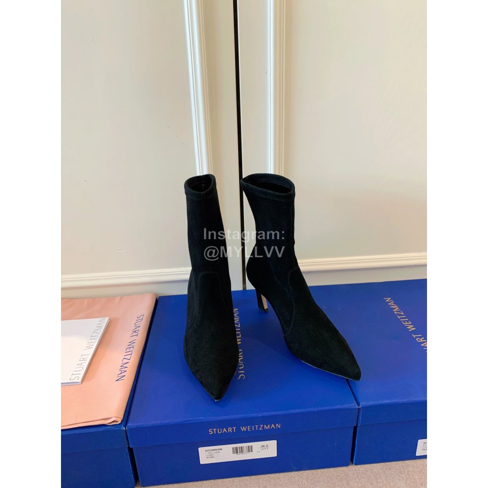 Stuart Weitzman Velvet Leather Pointed High Heeled Short Boots For Women Black