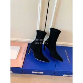 Stuart Weitzman Velvet Leather Pointed High Heeled Short Boots For Women Black