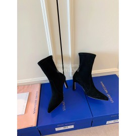 Stuart Weitzman Velvet Leather Pointed High Heeled Short Boots For Women Black