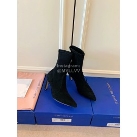 Stuart Weitzman Velvet Leather Pointed High Heeled Short Boots For Women Black