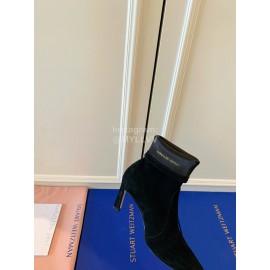 Stuart Weitzman Velvet Leather Pointed High Heeled Short Boots For Women Black