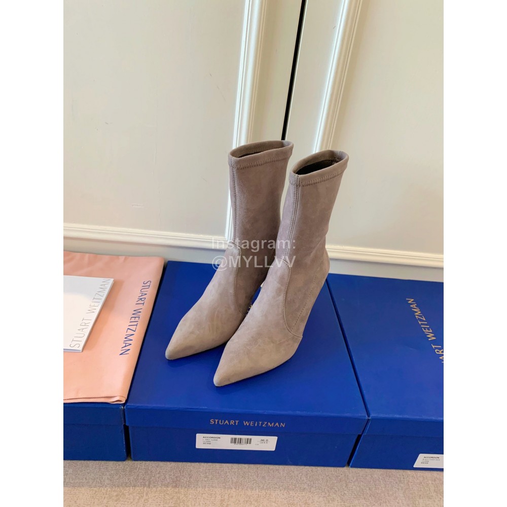 Stuart Weitzman Velvet Leather Pointed High Heeled Short Boots For Women Gray