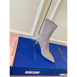 Stuart Weitzman Velvet Leather Pointed High Heeled Short Boots For Women Gray