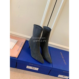 Stuart Weitzman Velvet Leather High Heeled Pointed Boots For Women Dark Gray