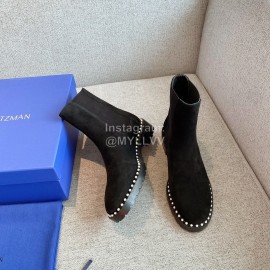 Stuart Weitzman Cowhide Velvet Pearl Short Boots For Women Black