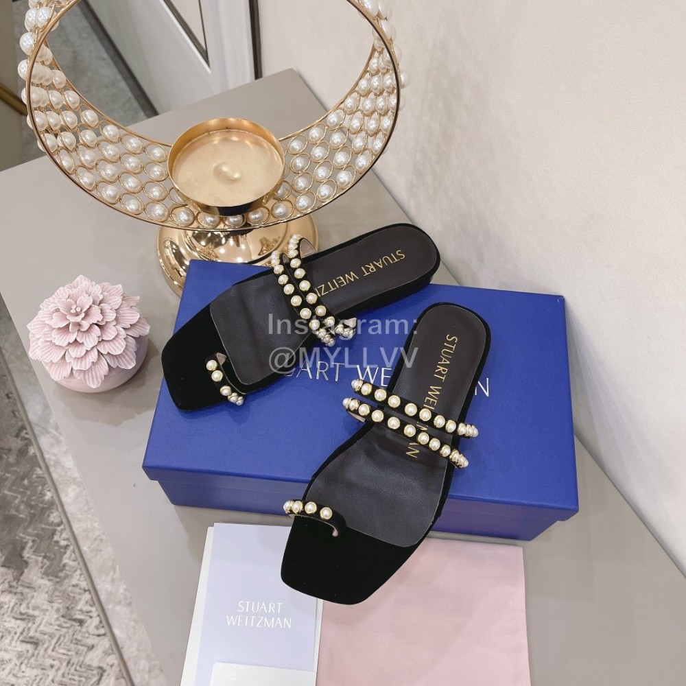 Stuart Weitzman Leather Velvet Pearl Slippers For Women Black